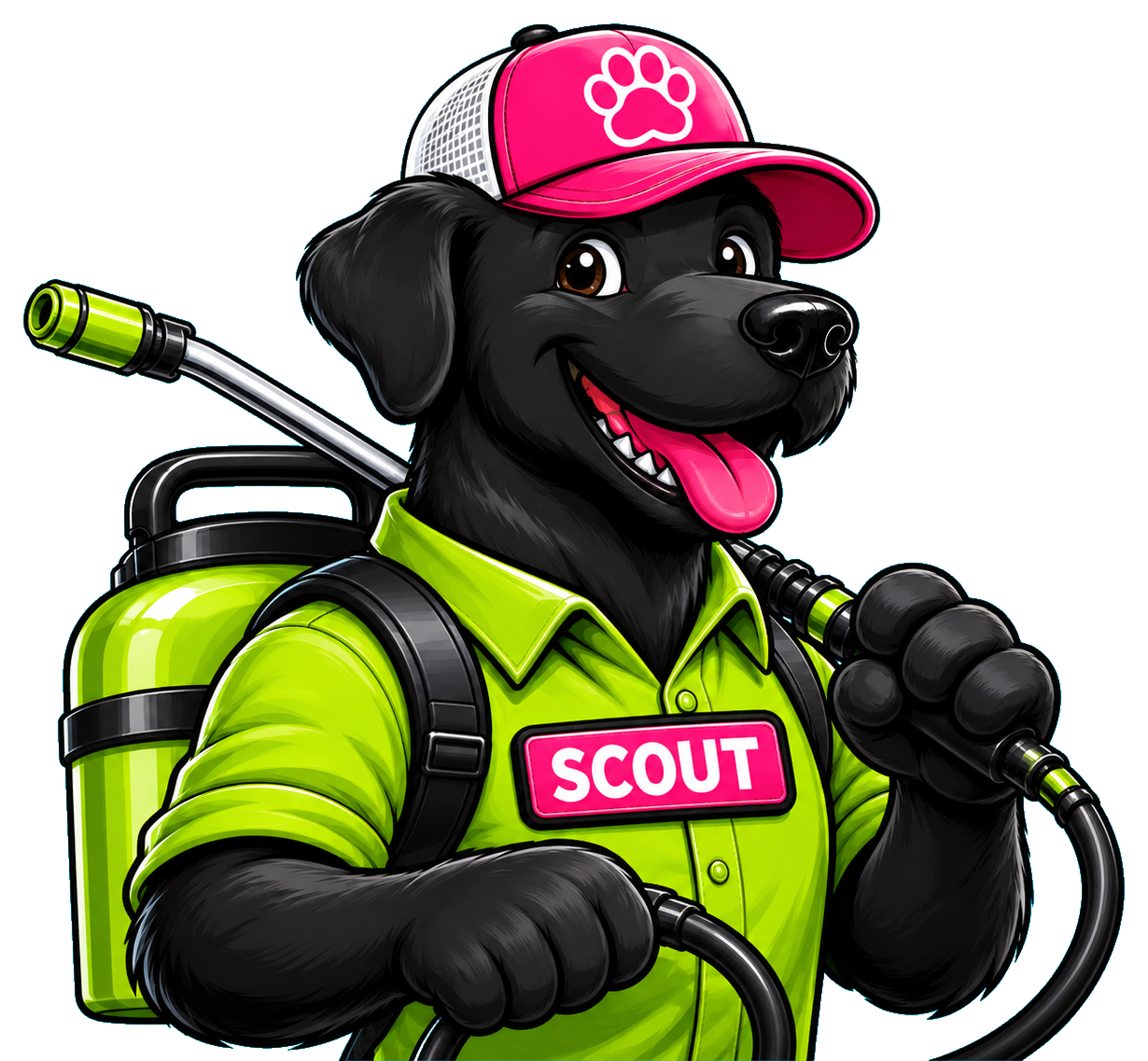 Scout, the High Pines Pest Control black Lab mascot